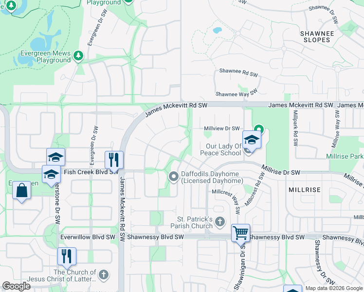 map of restaurants, bars, coffee shops, grocery stores, and more near 274 Millview Gardens Southwest in Calgary