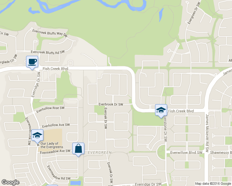 map of restaurants, bars, coffee shops, grocery stores, and more near 447 Everbrook Way Southwest in Calgary