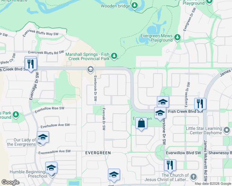 map of restaurants, bars, coffee shops, grocery stores, and more near 447 Everbrook Way Southwest in Calgary
