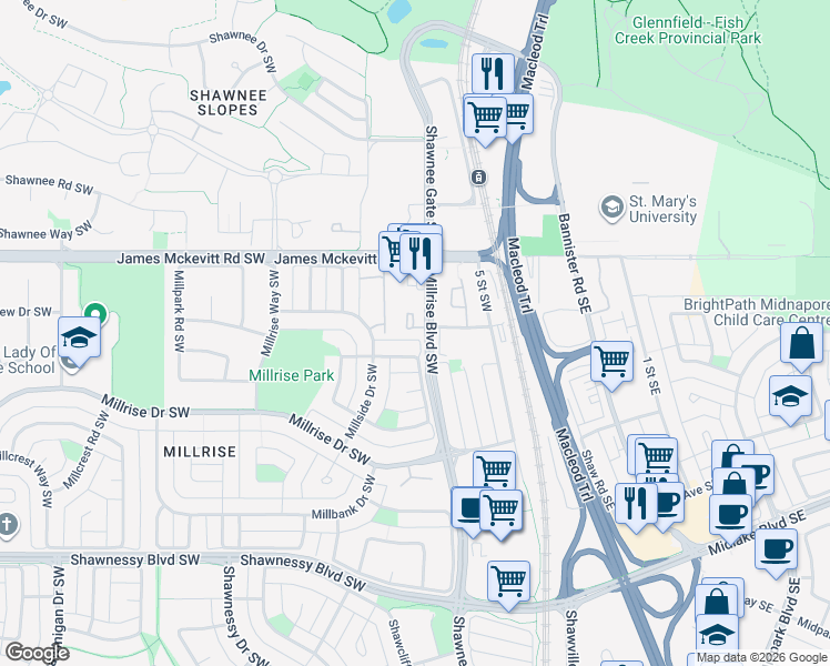 map of restaurants, bars, coffee shops, grocery stores, and more near 7 Millrose Place Southwest in Calgary