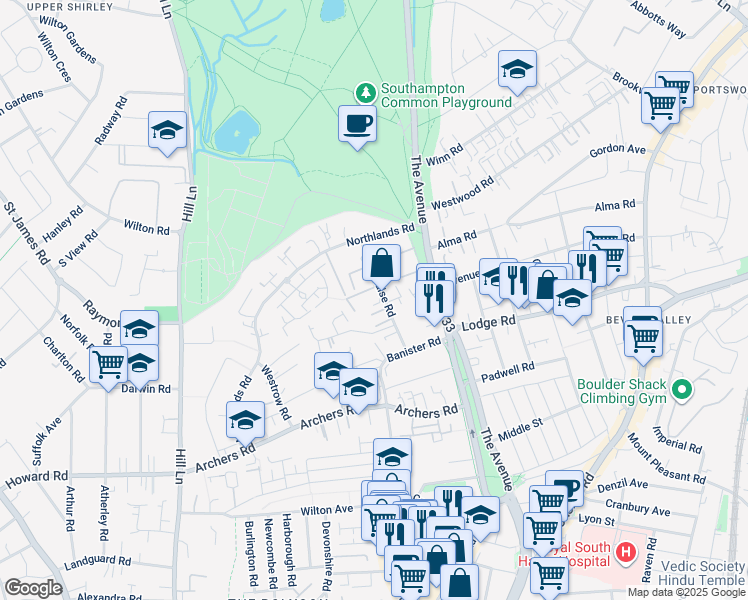 map of restaurants, bars, coffee shops, grocery stores, and more near Hulse Road in Southampton