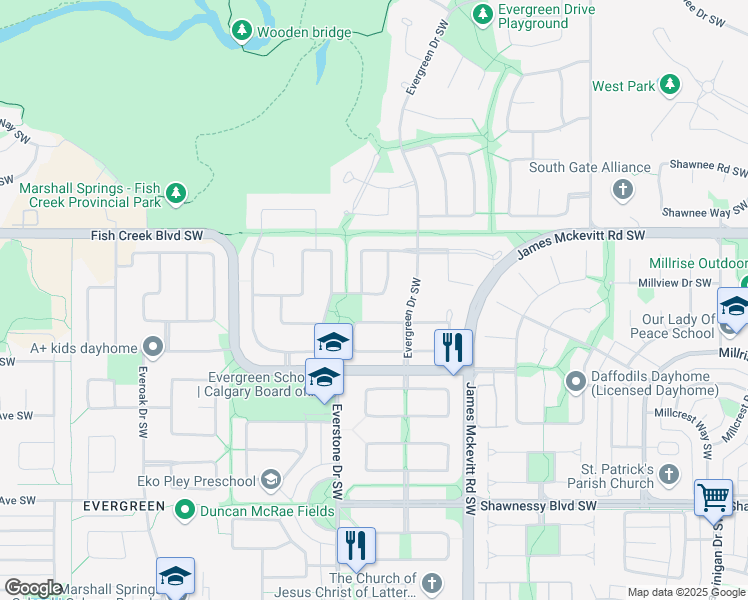 map of restaurants, bars, coffee shops, grocery stores, and more near 50 Evergreen Park Southwest in Calgary