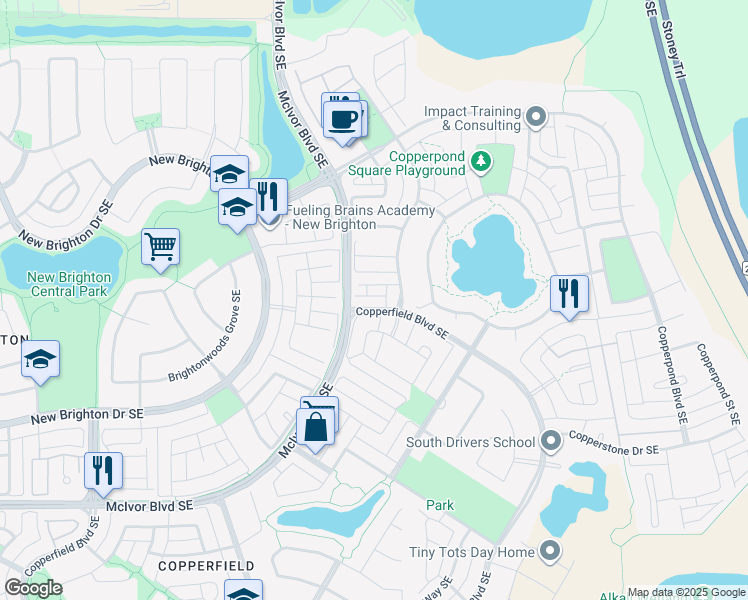 map of restaurants, bars, coffee shops, grocery stores, and more near 1823 Copperfield Boulevard Southeast in Calgary