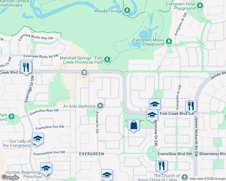 map of restaurants, bars, coffee shops, grocery stores, and more near 44 Everbrook Link Southwest in Calgary
