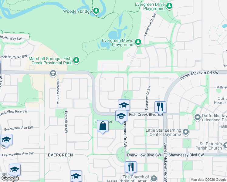 map of restaurants, bars, coffee shops, grocery stores, and more near Evergreen Circle Southwest in Calgary