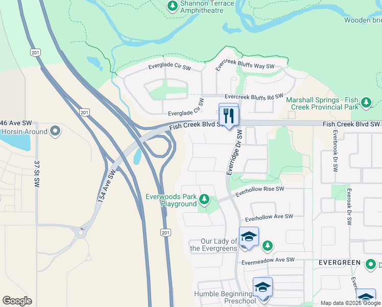 map of restaurants, bars, coffee shops, grocery stores, and more near 125 Everwoods Close Southwest in Calgary