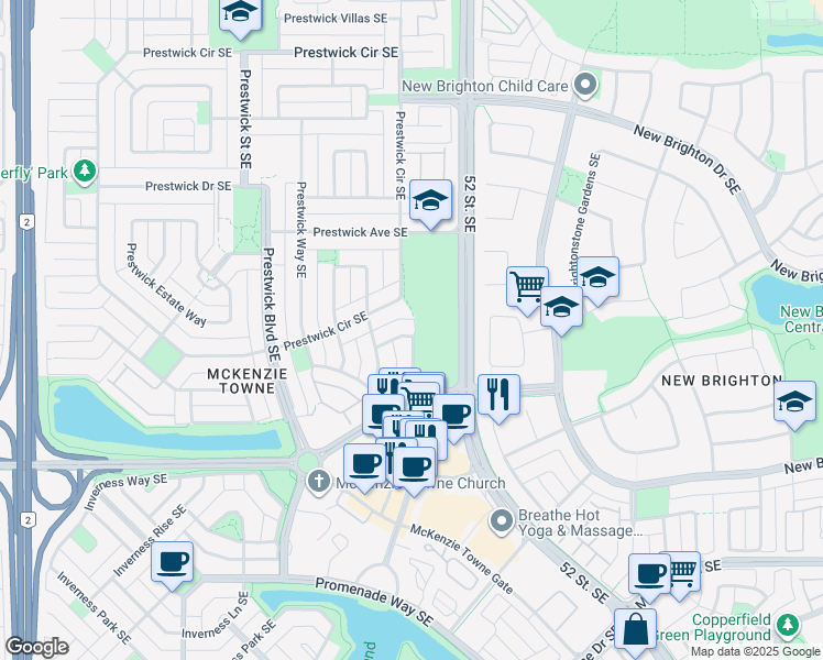 map of restaurants, bars, coffee shops, grocery stores, and more near 101 Prestwick Park Southeast in Calgary