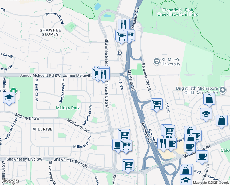 map of restaurants, bars, coffee shops, grocery stores, and more near in Calgary