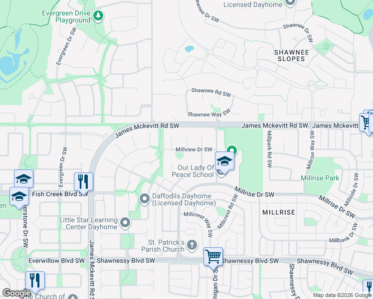 map of restaurants, bars, coffee shops, grocery stores, and more near Millview Drive Southwest in Calgary
