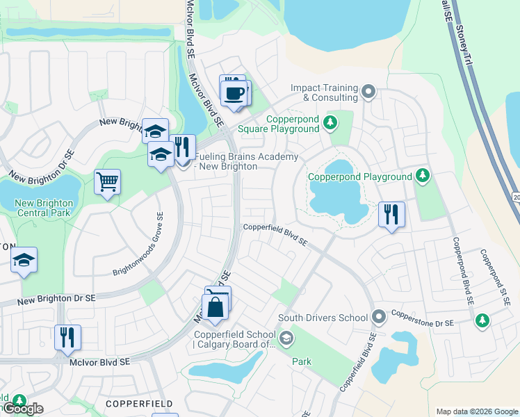 map of restaurants, bars, coffee shops, grocery stores, and more near Copperpond Close Southeast in Calgary