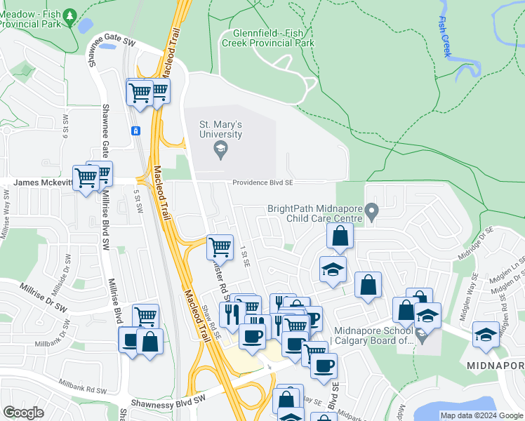 map of restaurants, bars, coffee shops, grocery stores, and more near 171 Midlawn Close Southeast in Calgary