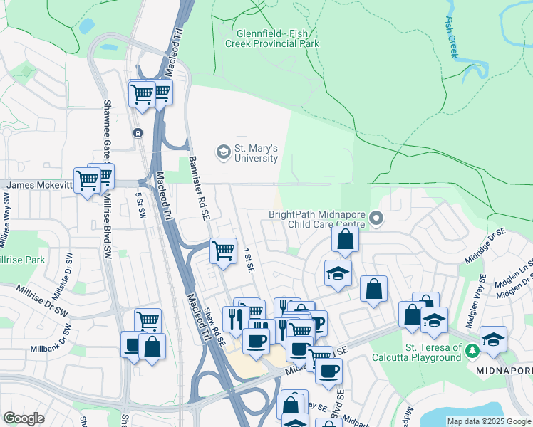 map of restaurants, bars, coffee shops, grocery stores, and more near 171 Midlawn Close Southeast in Calgary