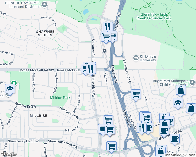 map of restaurants, bars, coffee shops, grocery stores, and more near in Calgary