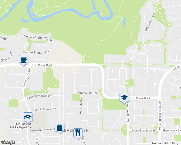 map of restaurants, bars, coffee shops, grocery stores, and more near 11 Everbrook Link Southwest in Calgary