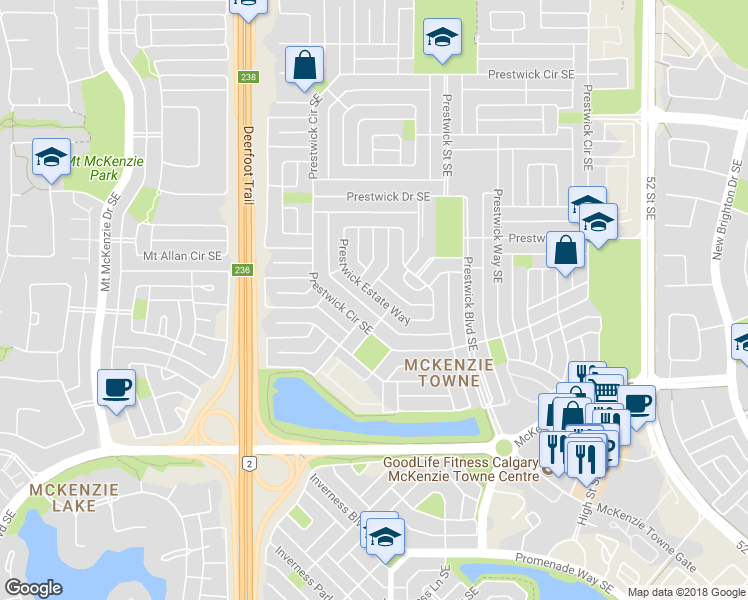 map of restaurants, bars, coffee shops, grocery stores, and more near 128 Prestwick Estate Way in Calgary