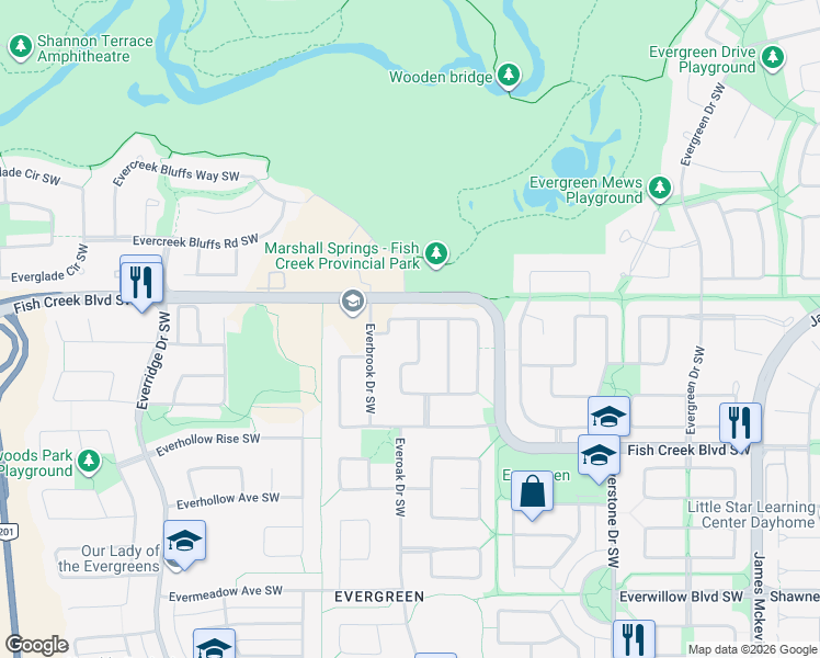 map of restaurants, bars, coffee shops, grocery stores, and more near 191 Everbrook Way Southwest in Calgary