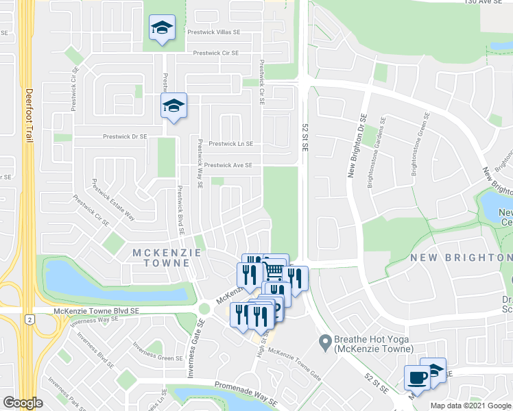 map of restaurants, bars, coffee shops, grocery stores, and more near 102 Prestwick Circle Southeast in Calgary