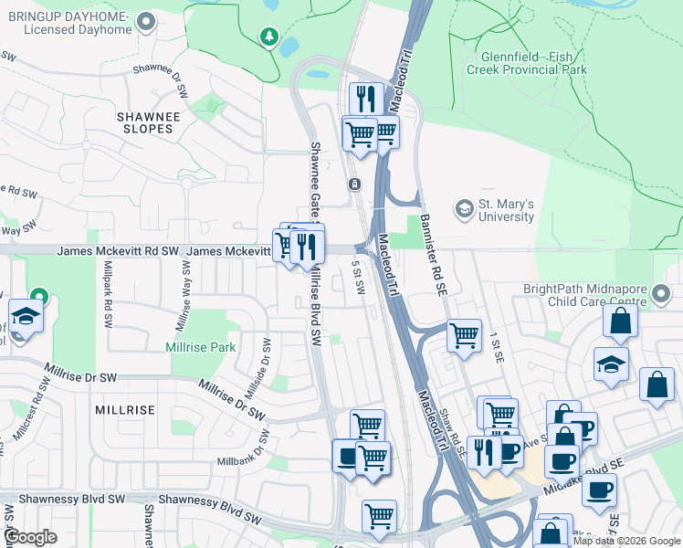 map of restaurants, bars, coffee shops, grocery stores, and more near in Calgary