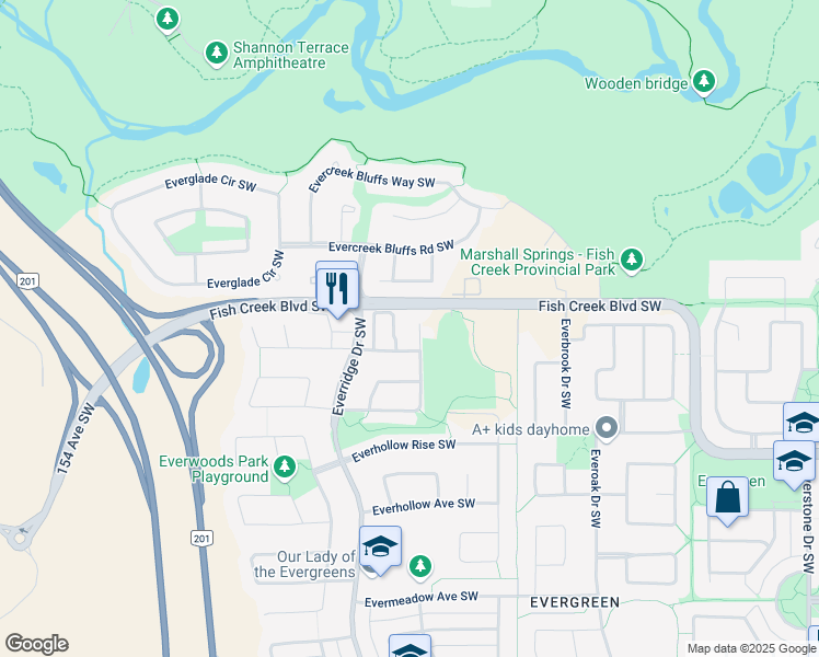 map of restaurants, bars, coffee shops, grocery stores, and more near 45 Everhollow Park Southwest in Calgary