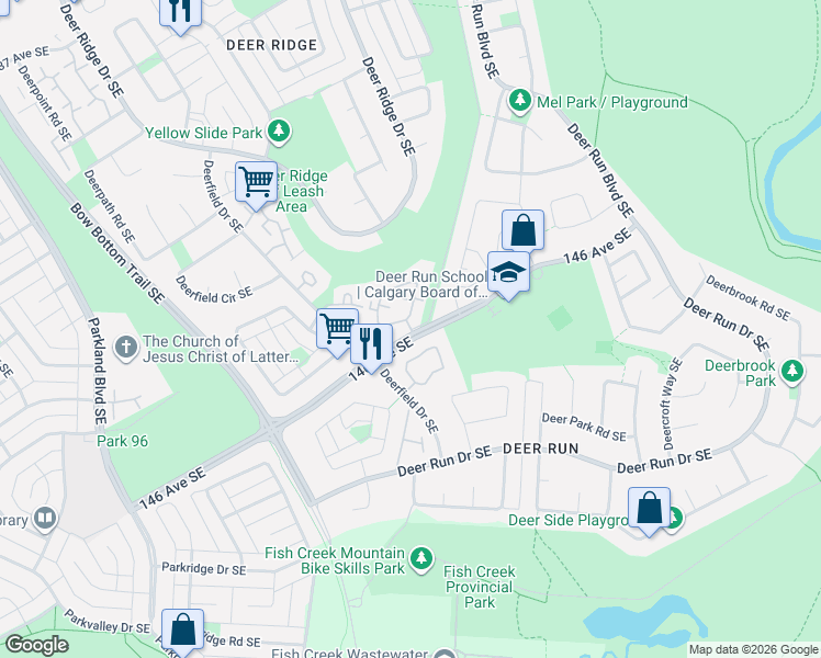 map of restaurants, bars, coffee shops, grocery stores, and more near 1940 146 Avenue Southeast in Calgary