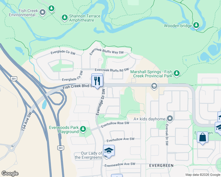map of restaurants, bars, coffee shops, grocery stores, and more near 152 Everhollow Heights Southwest in Calgary