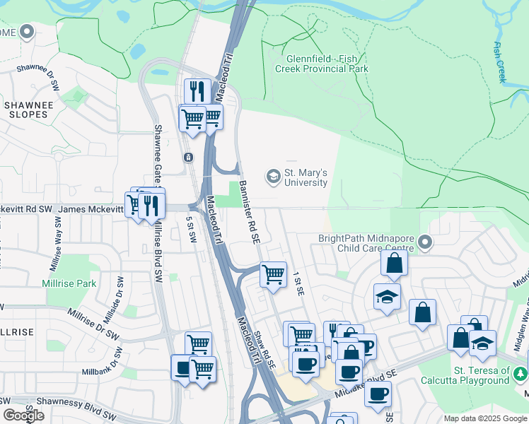 map of restaurants, bars, coffee shops, grocery stores, and more near in Calgary