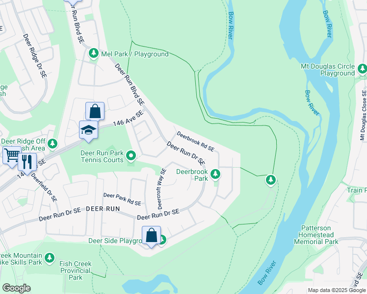 map of restaurants, bars, coffee shops, grocery stores, and more near 14744 Deer Run Drive Southeast in Calgary