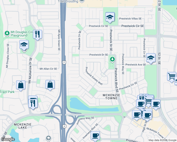 map of restaurants, bars, coffee shops, grocery stores, and more near 200 Prestwick Estate Way in Calgary