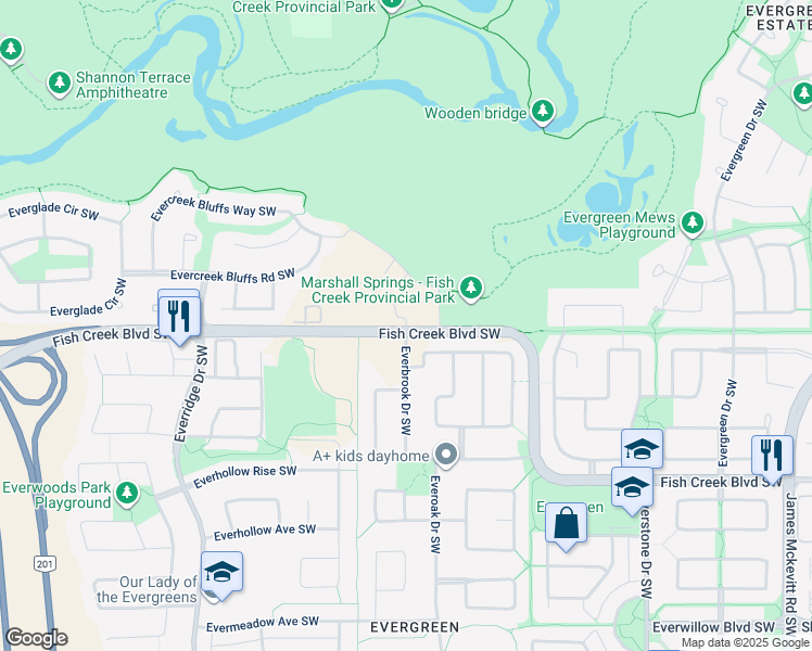 map of restaurants, bars, coffee shops, grocery stores, and more near 2330 Fish Creek Boulevard Southwest in Calgary