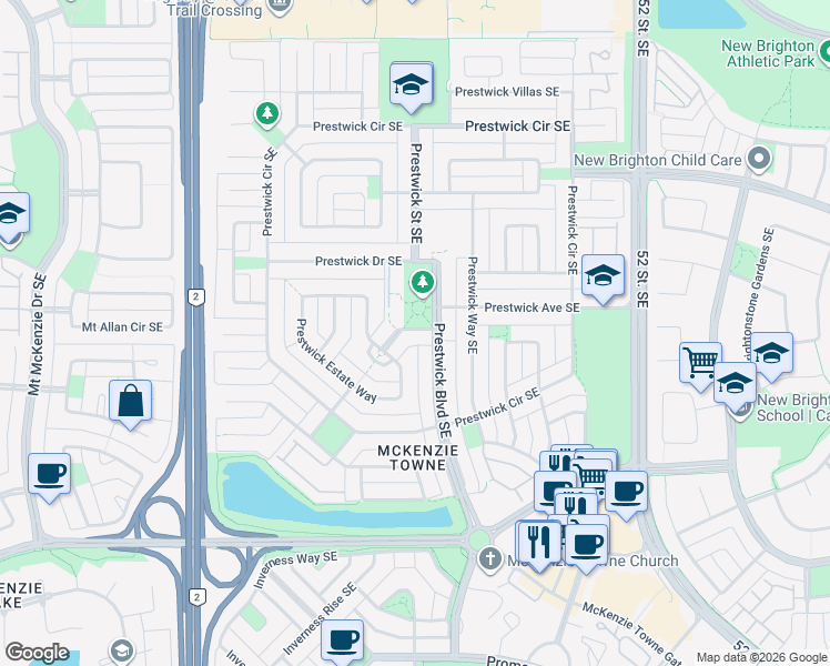 map of restaurants, bars, coffee shops, grocery stores, and more near 27 Prestwick Common Southeast in Calgary