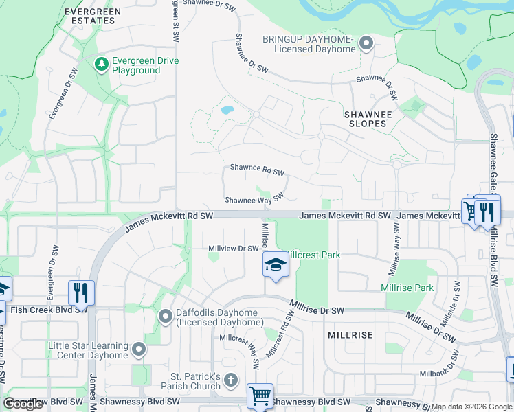 map of restaurants, bars, coffee shops, grocery stores, and more near 51 Shawnee Way Southwest in Calgary