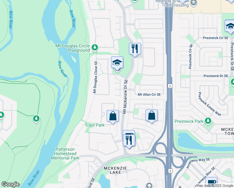 map of restaurants, bars, coffee shops, grocery stores, and more near 332 Mount Douglas Manor Southeast in Calgary