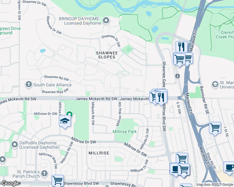map of restaurants, bars, coffee shops, grocery stores, and more near 820 James McKevitt Road Southwest in Calgary