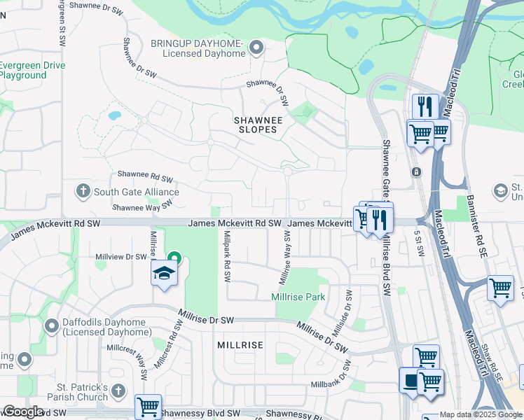 map of restaurants, bars, coffee shops, grocery stores, and more near 820 James McKevitt Road Southwest in Calgary