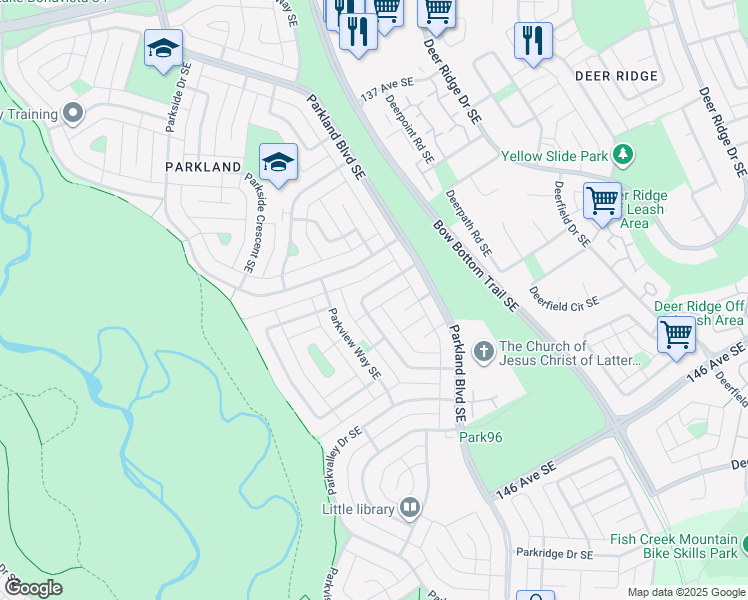 map of restaurants, bars, coffee shops, grocery stores, and more near 135 Parkglen Crescent Southeast in Calgary