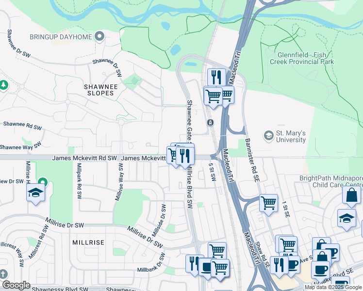 map of restaurants, bars, coffee shops, grocery stores, and more near in Calgary