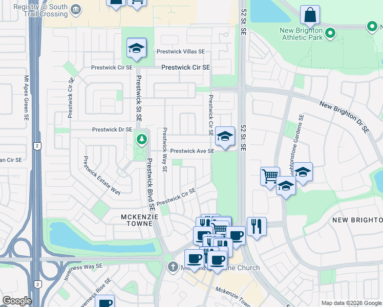 map of restaurants, bars, coffee shops, grocery stores, and more near 93 Prestwick Avenue Southeast in Calgary