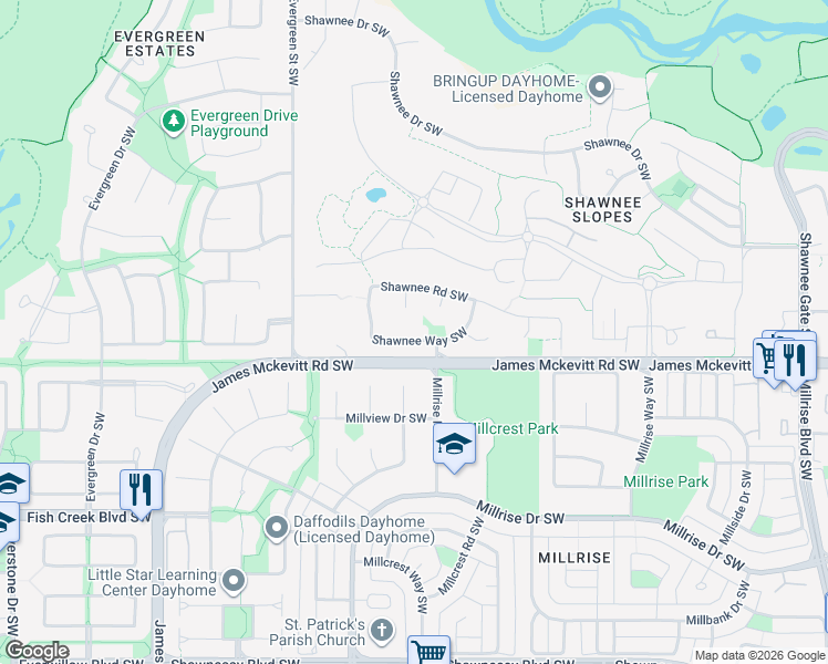 map of restaurants, bars, coffee shops, grocery stores, and more near 51 Shawnee Way Southwest in Calgary