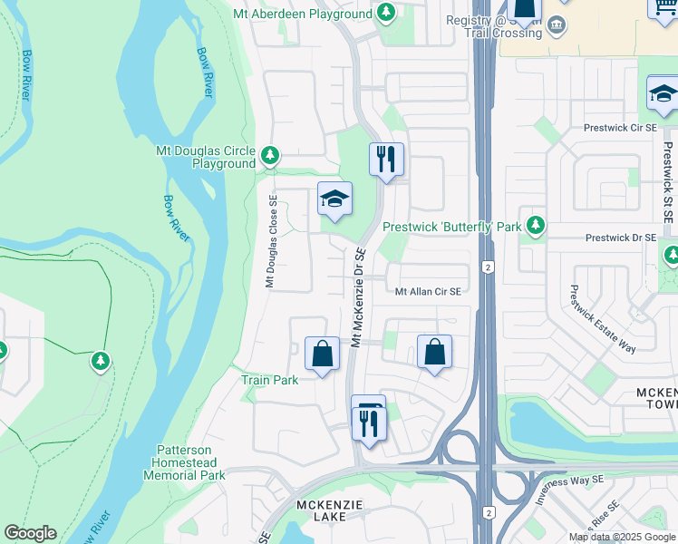 map of restaurants, bars, coffee shops, grocery stores, and more near 206 Mount Douglas Manor Southeast in Calgary