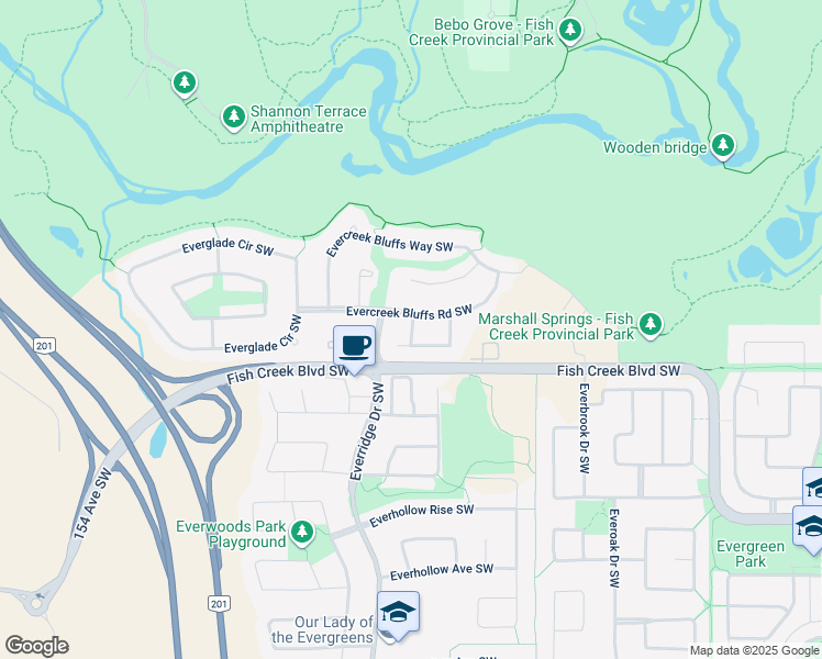 map of restaurants, bars, coffee shops, grocery stores, and more near Evercreek Bluffs Crescent Southwest in Calgary
