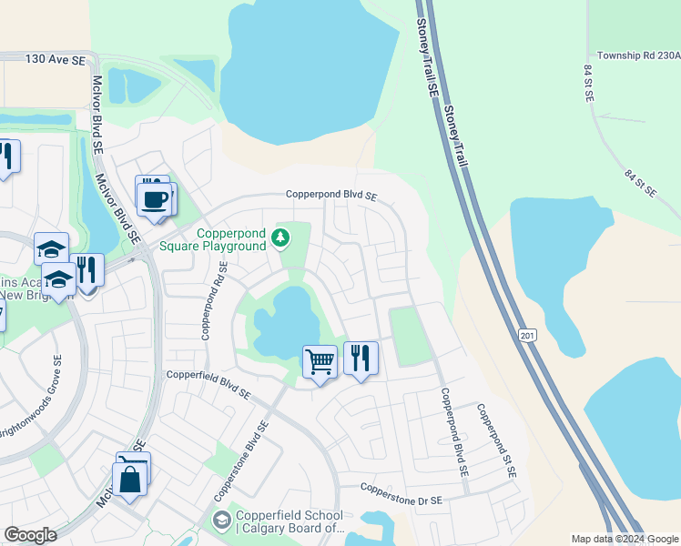 map of restaurants, bars, coffee shops, grocery stores, and more near 60 Copperpond Terrace Southeast in Calgary