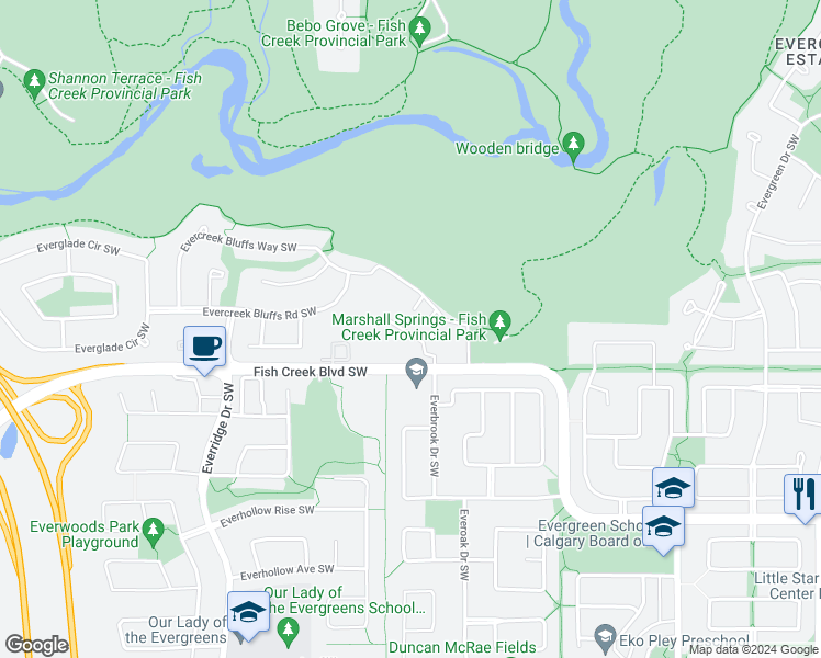 map of restaurants, bars, coffee shops, grocery stores, and more near 2330 Fish Creek Boulevard Southwest in Calgary