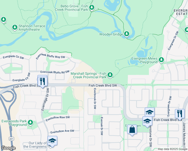 map of restaurants, bars, coffee shops, grocery stores, and more near 2330 Fish Creek Boulevard Southwest in Calgary