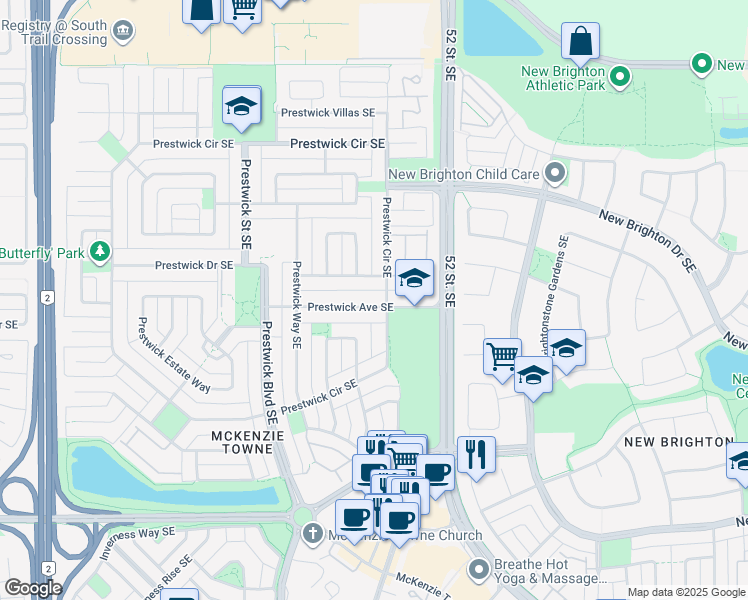 map of restaurants, bars, coffee shops, grocery stores, and more near 132 Prestwick Avenue Southeast in Calgary