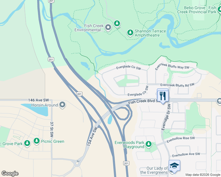 map of restaurants, bars, coffee shops, grocery stores, and more near Everglade Circle Southwest in Calgary