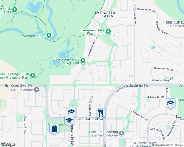 map of restaurants, bars, coffee shops, grocery stores, and more near Evergreen Drive Southwest in Calgary