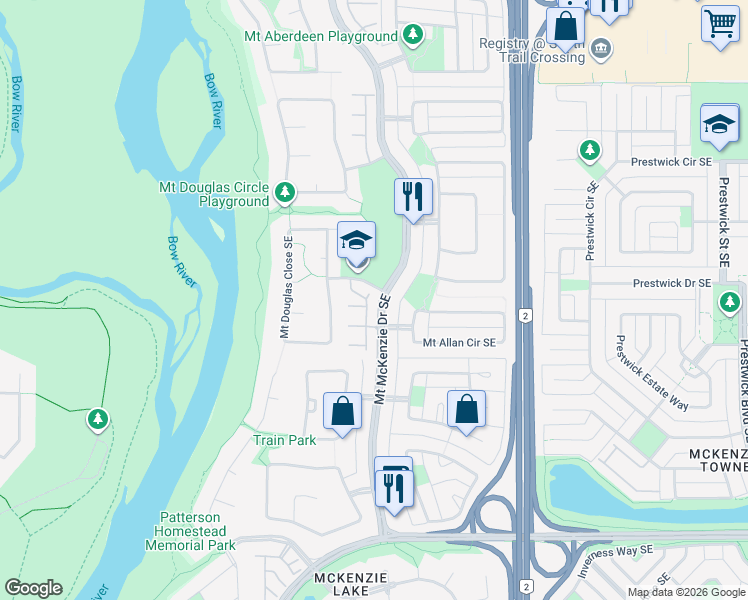 map of restaurants, bars, coffee shops, grocery stores, and more near 123 Mount Douglas Manor Southeast in Calgary