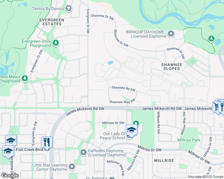 map of restaurants, bars, coffee shops, grocery stores, and more near 1400 Shawnee Road Southwest in Calgary