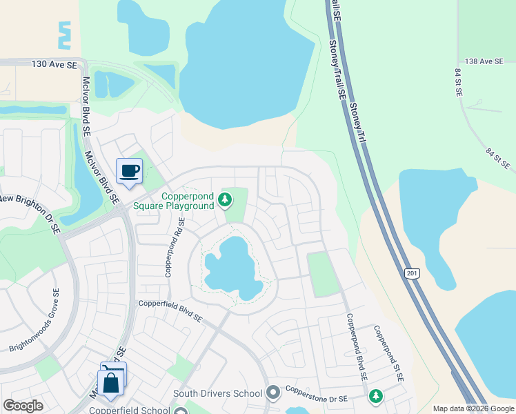 map of restaurants, bars, coffee shops, grocery stores, and more near 151 Copperpond Square Southeast in Calgary