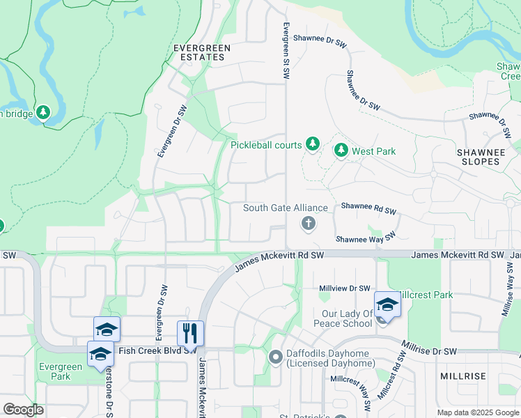 map of restaurants, bars, coffee shops, grocery stores, and more near 198 Evergreen Heights Southwest in Calgary